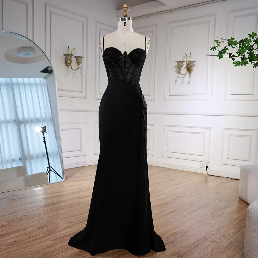 Black Beaded Classy Prom Dress with Spaghetti Straps - Image 3