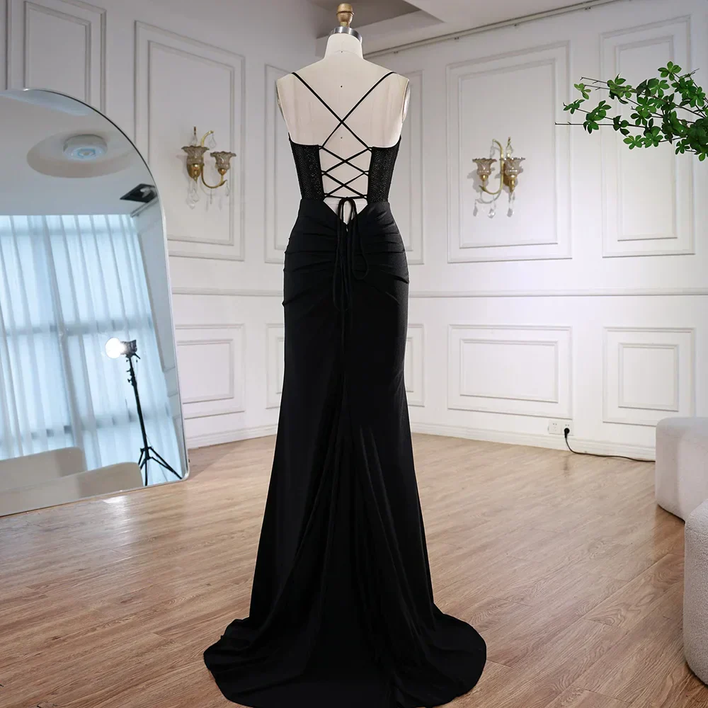 Black Beaded Classy Prom Dress with Spaghetti Straps - Image 4