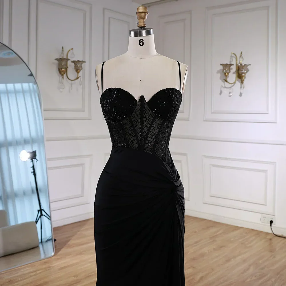 Black Beaded Classy Prom Dress with Spaghetti Straps - Image 5