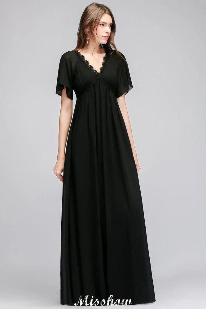 Black Chiffon A-line Bridesmaid Dress V-Neck Floor Length - Image 3