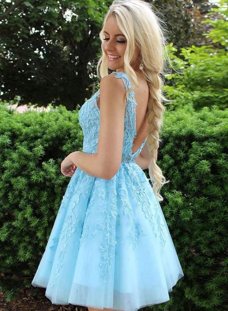Blue Appliques Beaded Sleeveless A Line Tulle Short Homecoming Dresses - Image 10