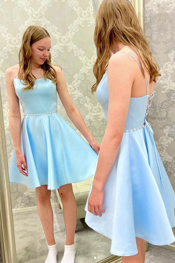 Blue Satin Beads Short Prom Dress Blue Homecoming Dress