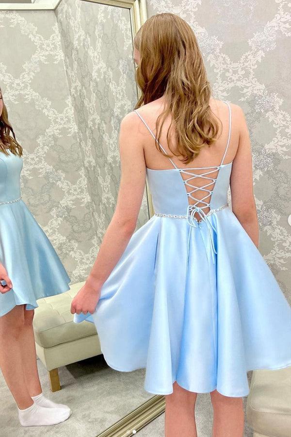 Blue Satin Beads Short Prom Dress Blue Homecoming Dress - Image 2