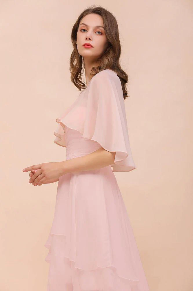 Blushing Pink Bridesmaid Dress Knee Length Simple Chiffon Girls Party Dress with Wraps - Image 5