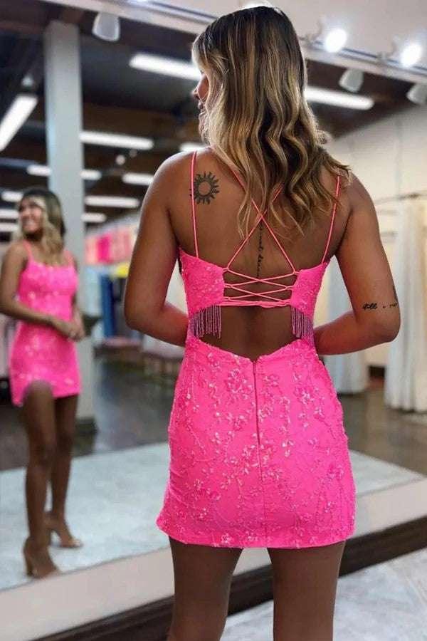 Bodycon Spaghetti Straps Hot Pink Homecoming Dress with Beading - Image 3
