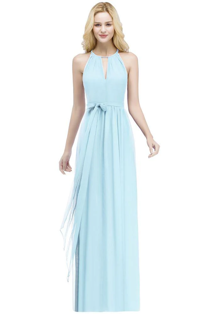 Burgundy Halter A-line Floor Length Bridesmaid Dresses with Bow Sash - Image 12