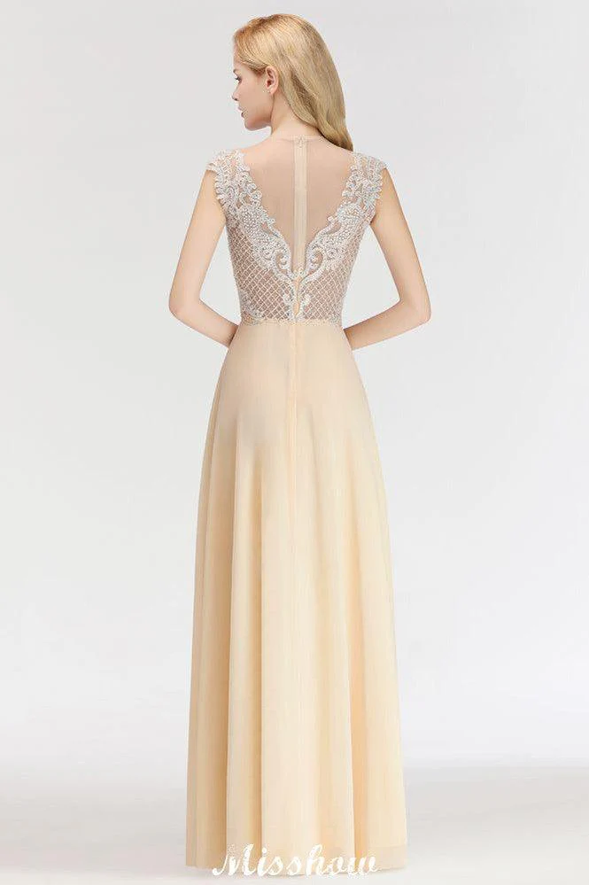 Champagne Sleeveless A-Line Crystal Jewel Bridesmaid Dresses Floor Length Party Dress - Image 2