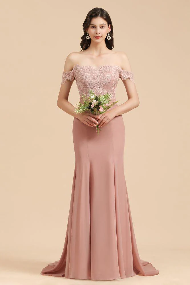Charming Off the Shoulder Lace Mermaid Party Gown Slim Bridesmaid Dress