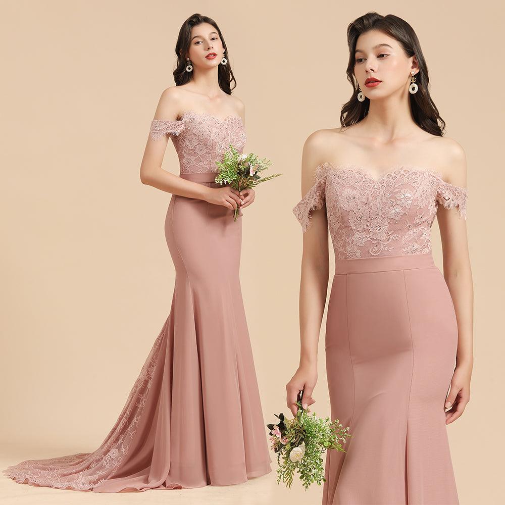 Charming Off the Shoulder Lace Mermaid Party Gown Slim Bridesmaid Dress - Image 9