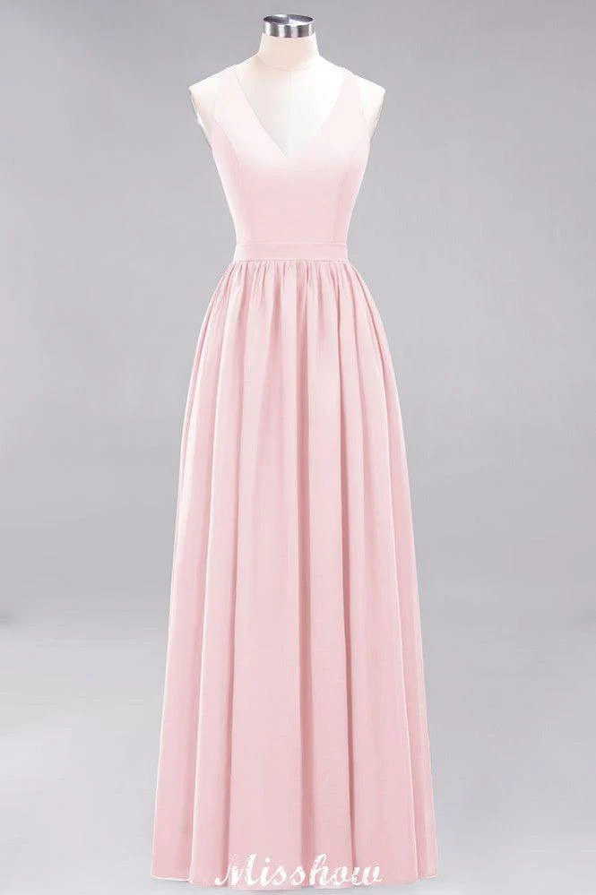 Chiffon Lace A-line Bridesmaid Dresses | V-Neck Sleeveless Floor Length Maid of the Honor Dresses - Image 10