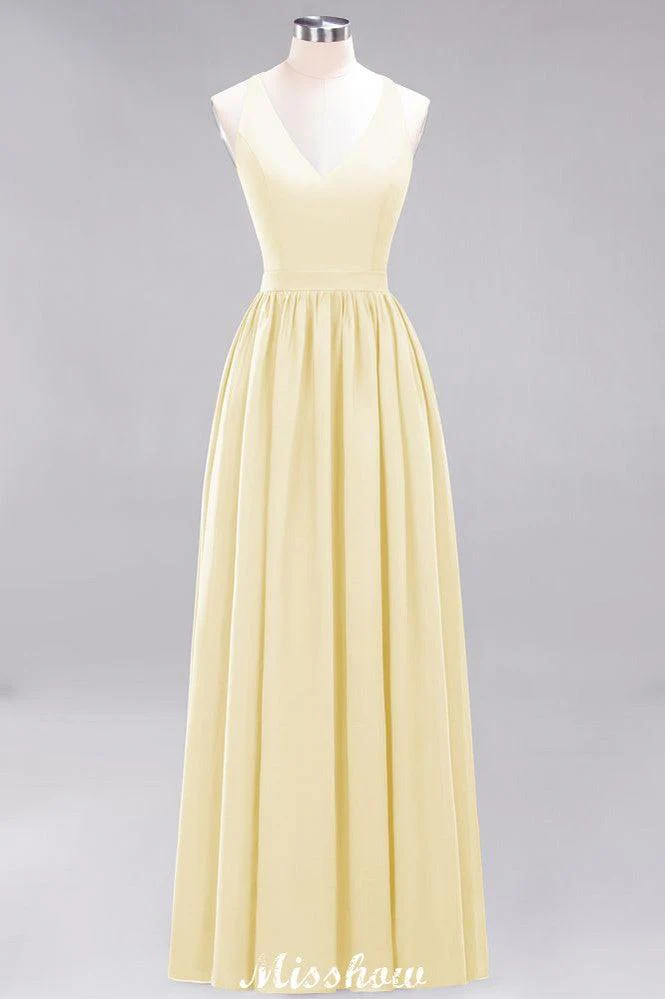 Chiffon Lace A-line Bridesmaid Dresses | V-Neck Sleeveless Floor Length Maid of the Honor Dresses - Image 24