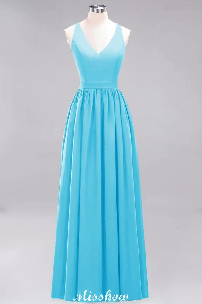 Chiffon Lace A-line Bridesmaid Dresses | V-Neck Sleeveless Floor Length Maid of the Honor Dresses - Image 30