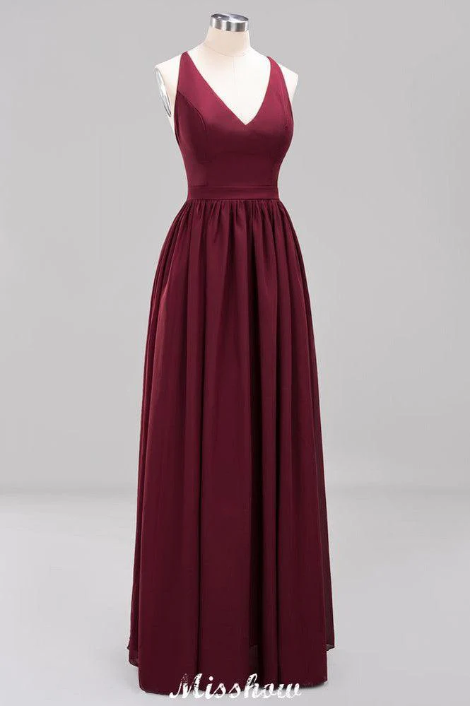 Chiffon Lace A-line Bridesmaid Dresses | V-Neck Sleeveless Floor Length Maid of the Honor Dresses - Image 43