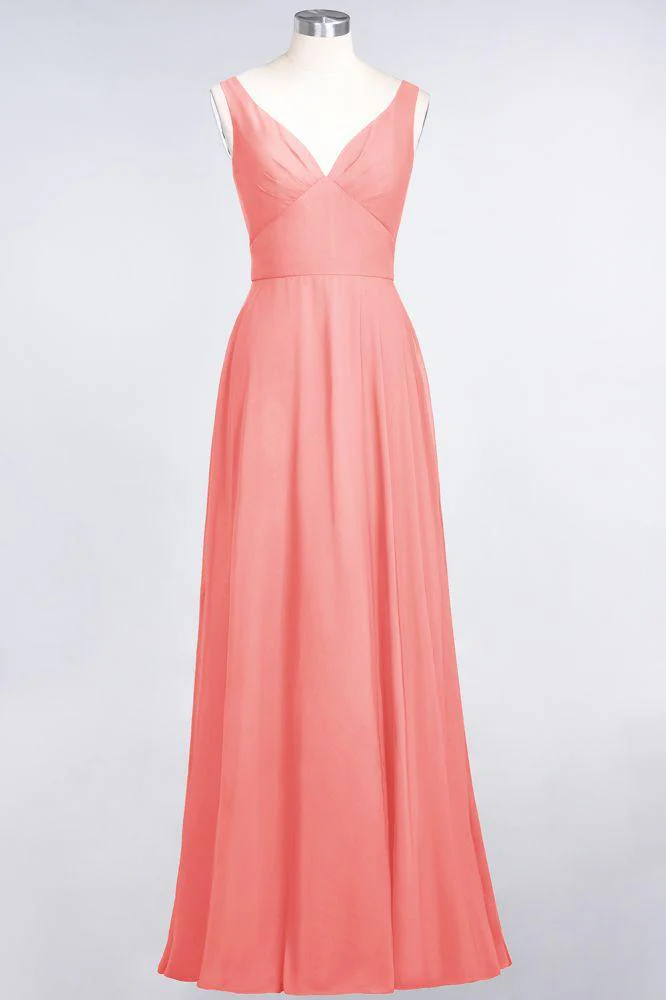 Chiffon V-Neck Straps Sleeveless Ruffles Floor-Length Bridesmaid Dress with Open Back - Image 13