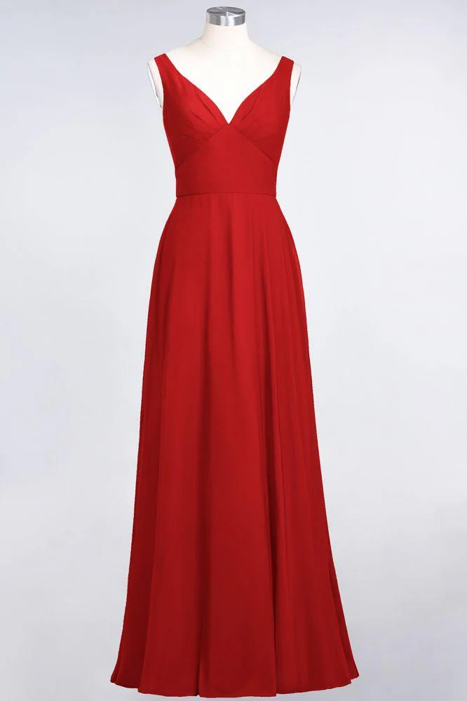 Chiffon V-Neck Straps Sleeveless Ruffles Floor-Length Bridesmaid Dress with Open Back - Image 14