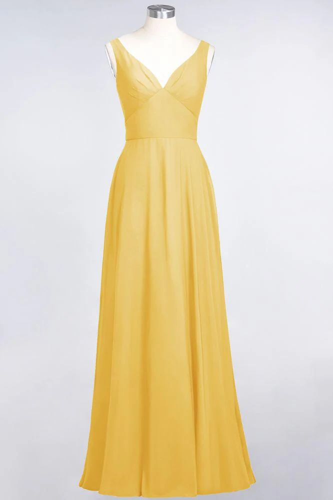 Chiffon V-Neck Straps Sleeveless Ruffles Floor-Length Bridesmaid Dress with Open Back - Image 22
