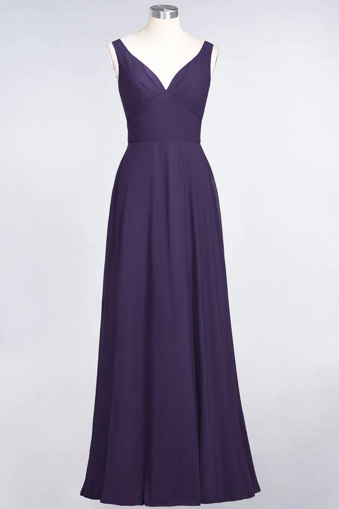 Chiffon V-Neck Straps Sleeveless Ruffles Floor-Length Bridesmaid Dress with Open Back - Image 24