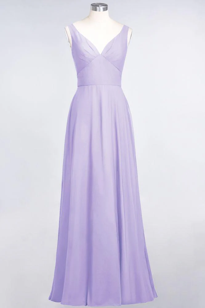 Chiffon V-Neck Straps Sleeveless Ruffles Floor-Length Bridesmaid Dress with Open Back - Image 26