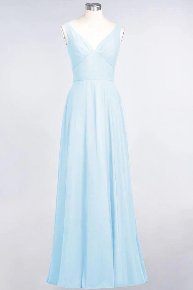 Chiffon V-Neck Straps Sleeveless Ruffles Floor-Length Bridesmaid Dress with Open Back - Image 28