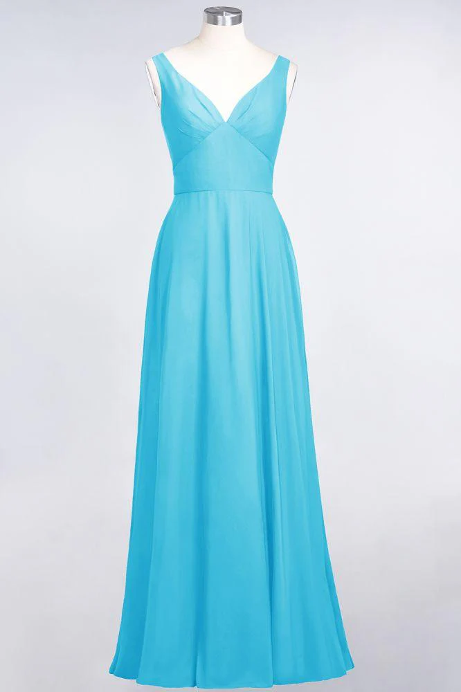 Chiffon V-Neck Straps Sleeveless Ruffles Floor-Length Bridesmaid Dress with Open Back - Image 29