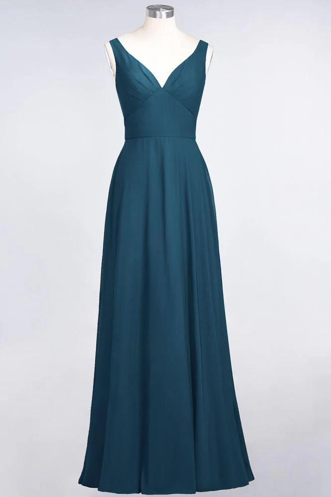 Chiffon V-Neck Straps Sleeveless Ruffles Floor-Length Bridesmaid Dress with Open Back - Image 32