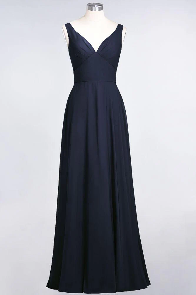 Chiffon V-Neck Straps Sleeveless Ruffles Floor-Length Bridesmaid Dress with Open Back - Image 33