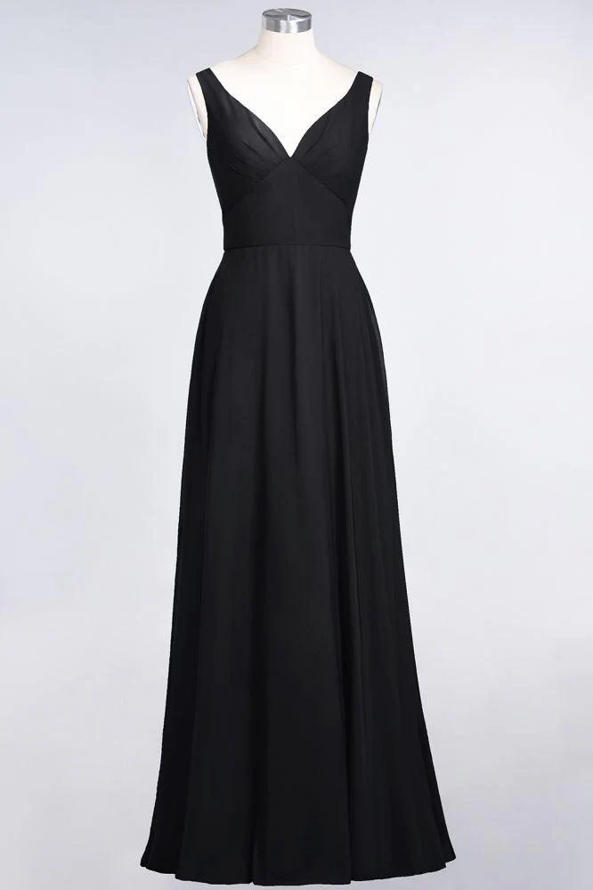 Chiffon V-Neck Straps Sleeveless Ruffles Floor-Length Bridesmaid Dress with Open Back - Image 34
