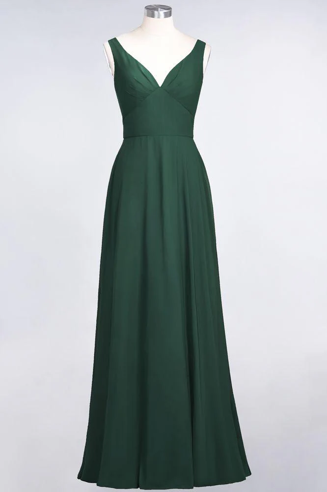 Chiffon V-Neck Straps Sleeveless Ruffles Floor-Length Bridesmaid Dress with Open Back - Image 36
