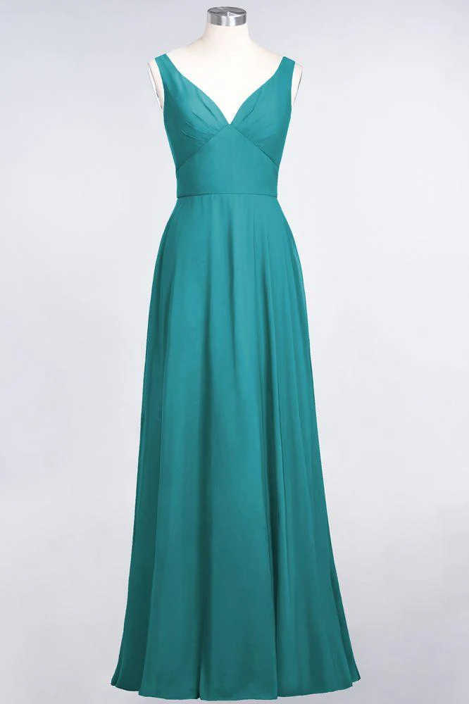 Chiffon V-Neck Straps Sleeveless Ruffles Floor-Length Bridesmaid Dress with Open Back - Image 37
