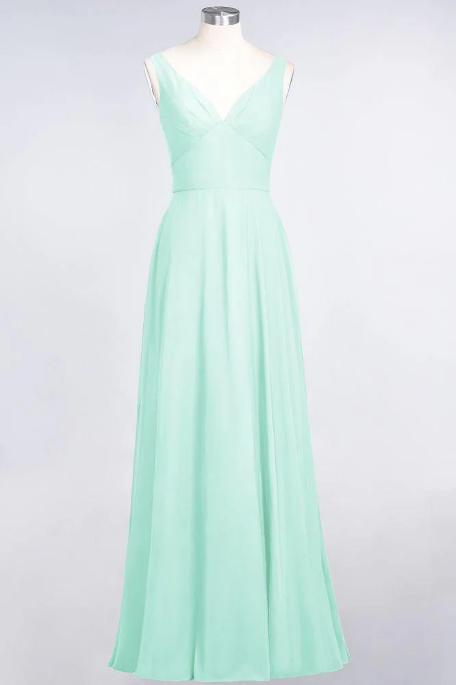 Chiffon V-Neck Straps Sleeveless Ruffles Floor-Length Bridesmaid Dress with Open Back - Image 40