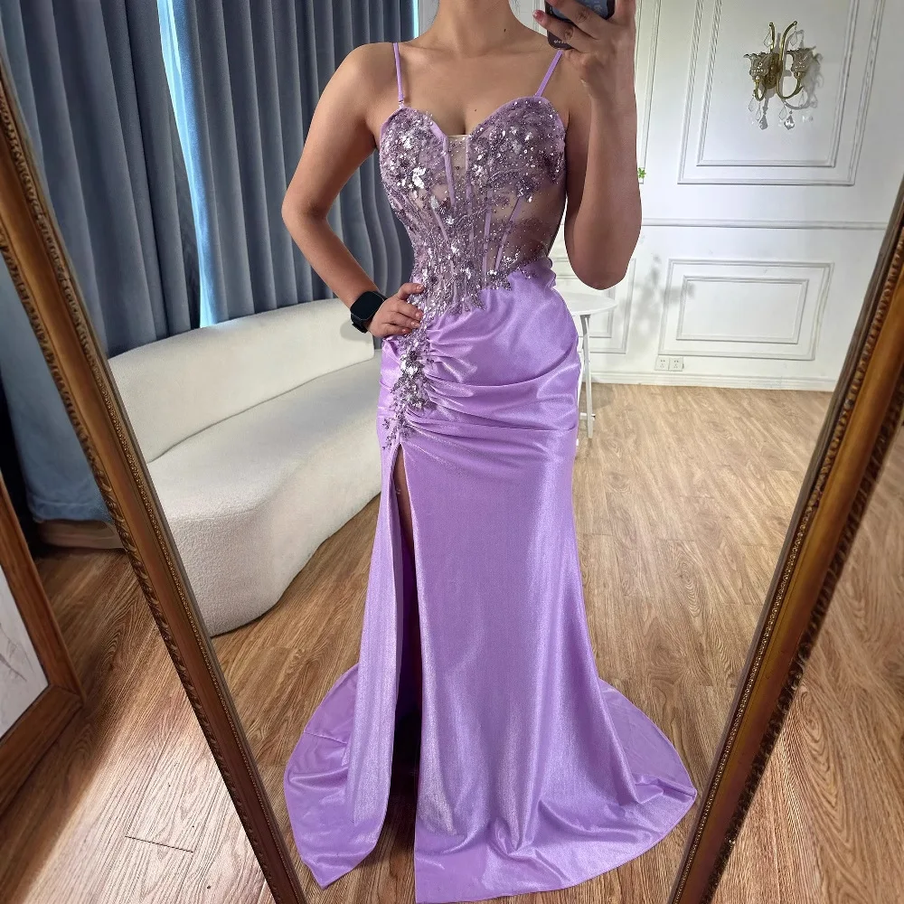Classy Navy Satin Prom Dress with Lace Beaded and Slit - Image 10