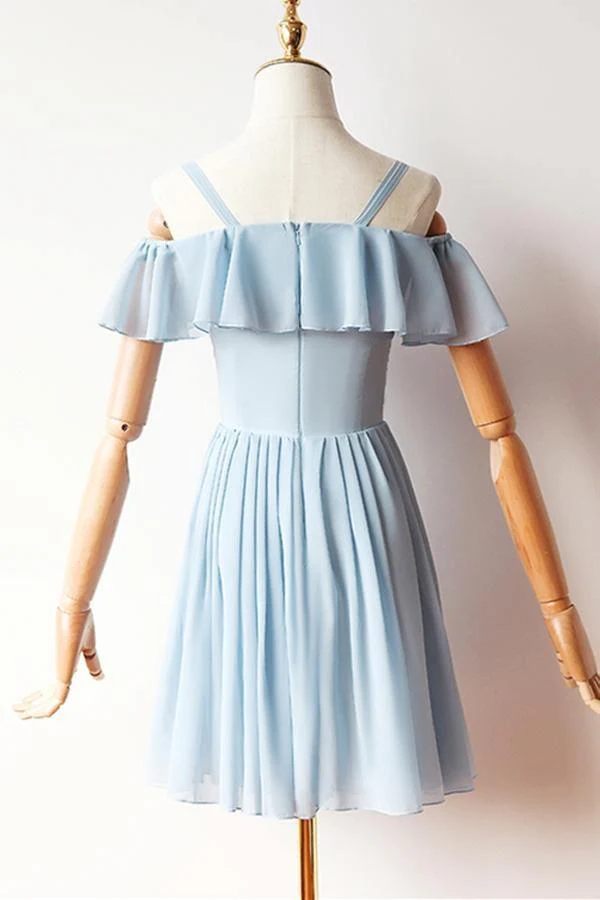 Cold Sleeves Short Prom Dress Blue Chiffon Homecoming Dress - Image 3