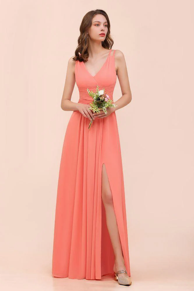 Coral Beach Bridesmaid Dress Front Split Wedding Party Dress - Image 3