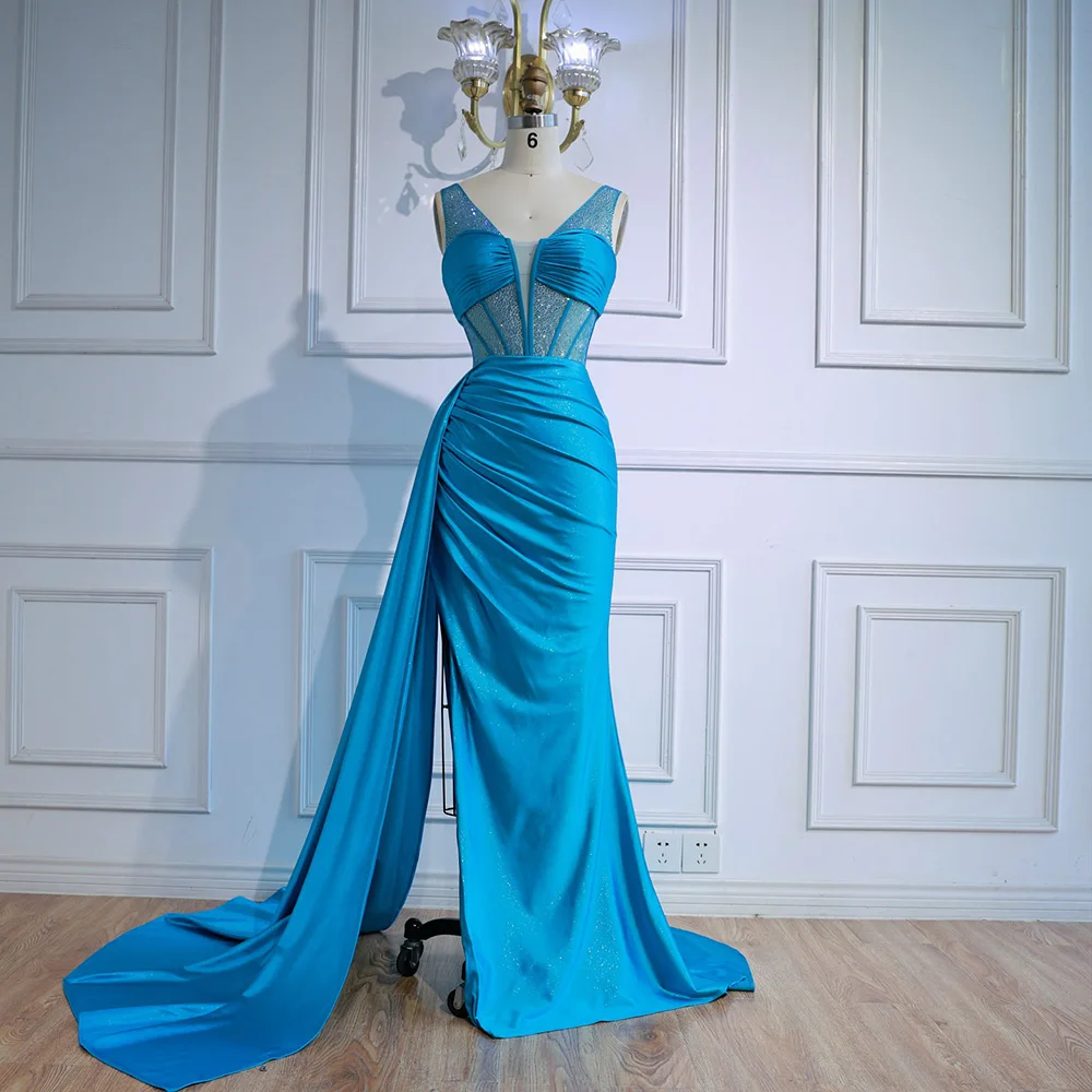 Blue Prom Dress with Side Overskirt Spaghetti Straps - Image 4