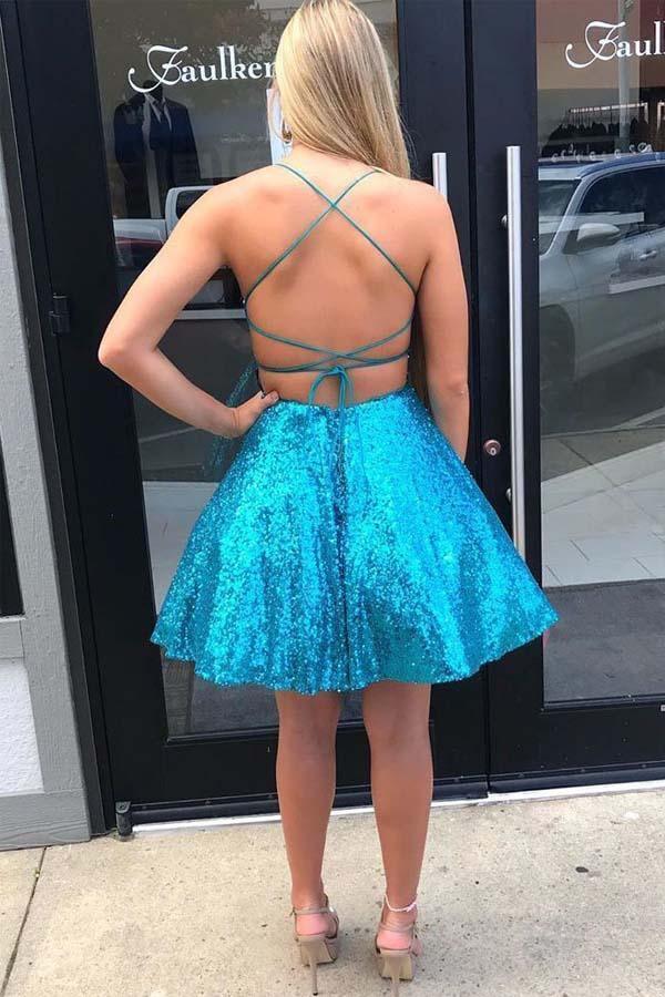 Criss Cross A-Line Short Prom Dress Blue Sequins Homecoming Dress - Image 2