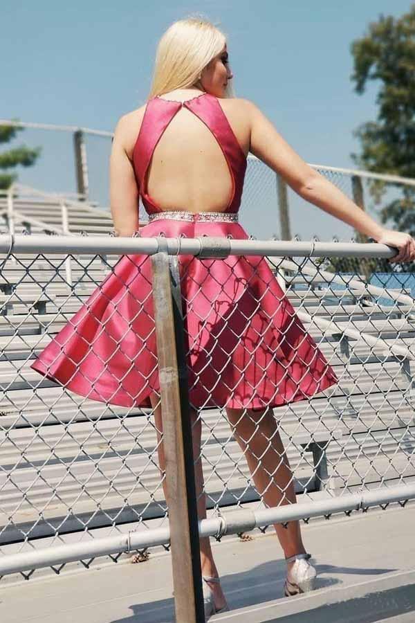 Dark Red Homecoming Dresses with Pocket Open Back Short Prom Dress - Image 2