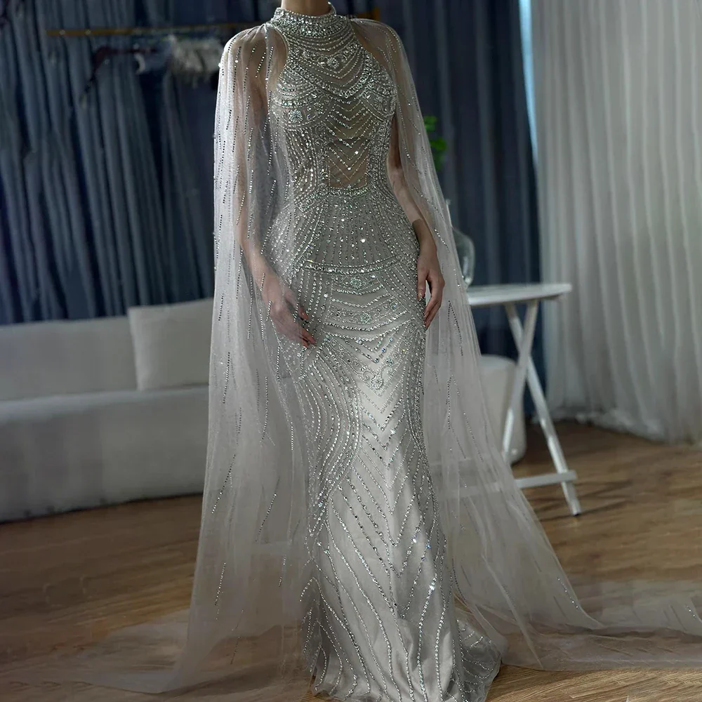 Luxury Dubai Caramel Beaded Mermaid Evening Dress with Cape Sleeves LA72138 - Image 3