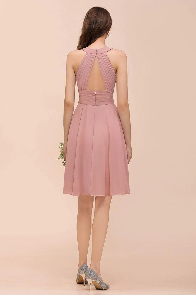 Dusty Pink Knee Length Bridesmaid Dress Halter Chiffon Maid of Honor Dress - Image 3