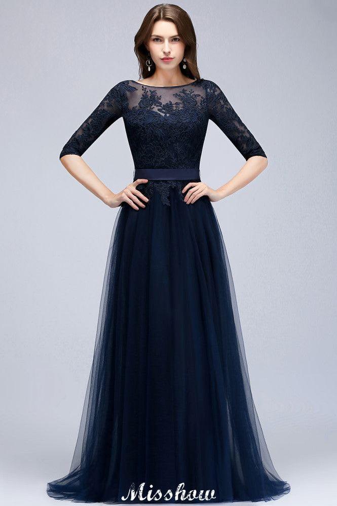 Elegant A-Line Half-Sleeves Lace Appliques Dark Navy Bridesmaid Dresses - Image 2