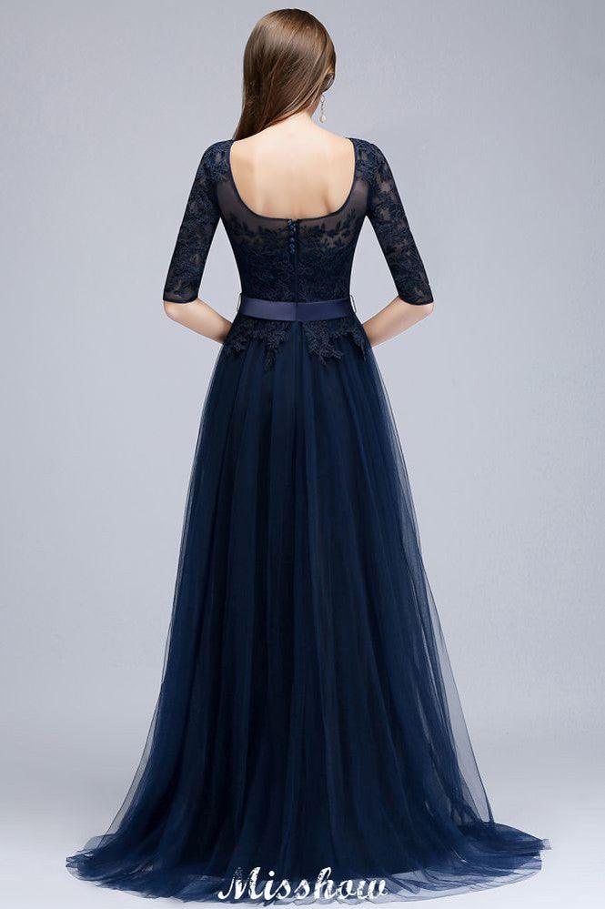 Elegant A-Line Half-Sleeves Lace Appliques Dark Navy Bridesmaid Dresses - Image 3