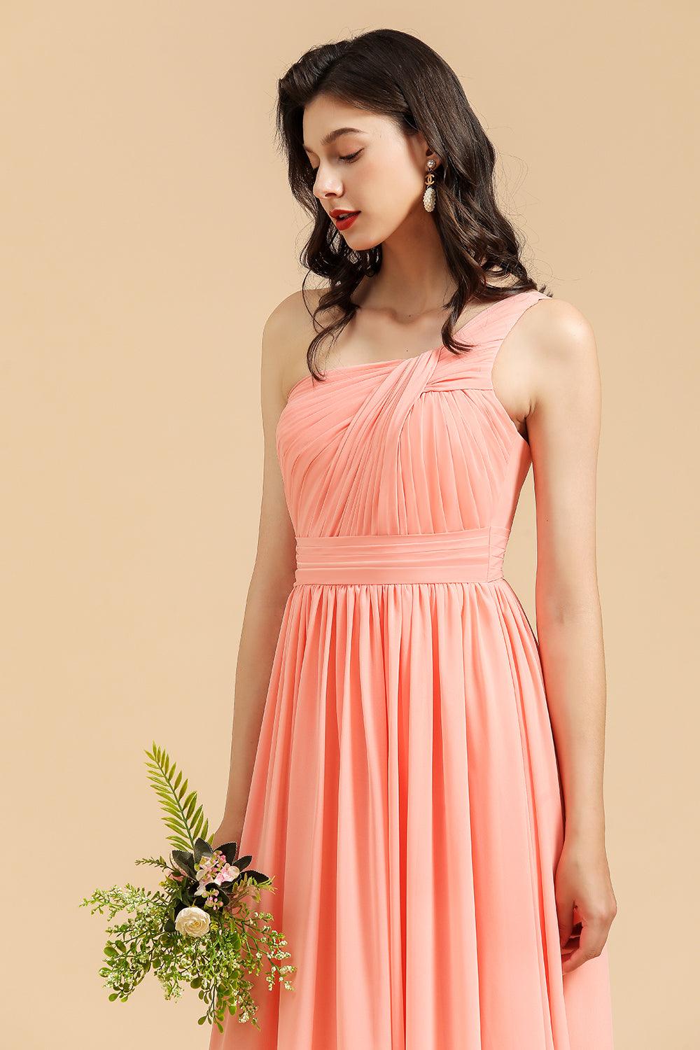 Elegant A-line One Shoulder Coral Chiffon Long Bridesmaid Dress - Image 7