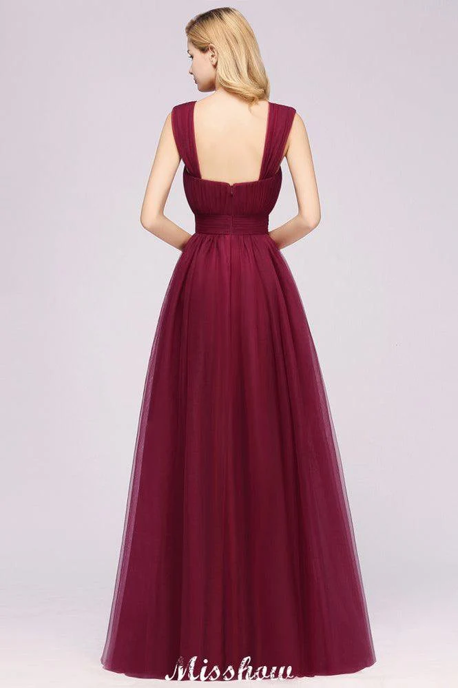 Elegant aline Sleeveless Tulle Evening Maxi Gown Burgundy Straps Bridesmaid Dress - Image 2