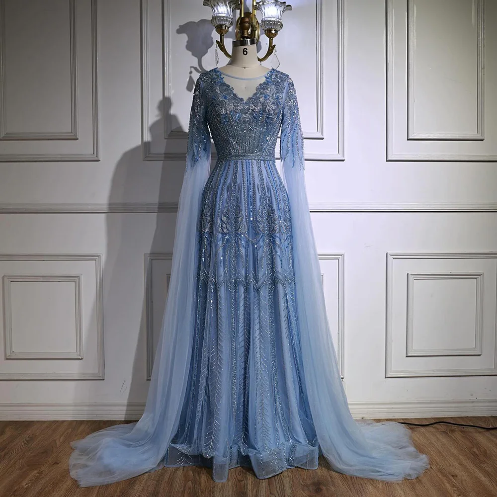 Elegant Beaded A-Line Evening Dress with Cape Sleeves - Image 6