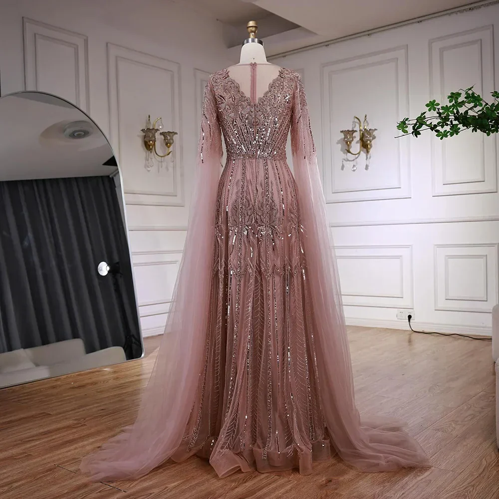 Elegant Beaded A-Line Evening Dress with Cape Sleeves - Image 9