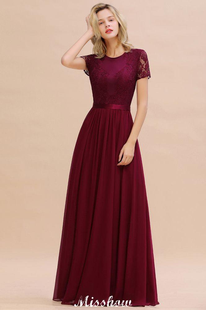 Elegant Chiffon Lace Jewel Short Sleeves Floor-Length A-Line Bridesmaid Dress - Image 7