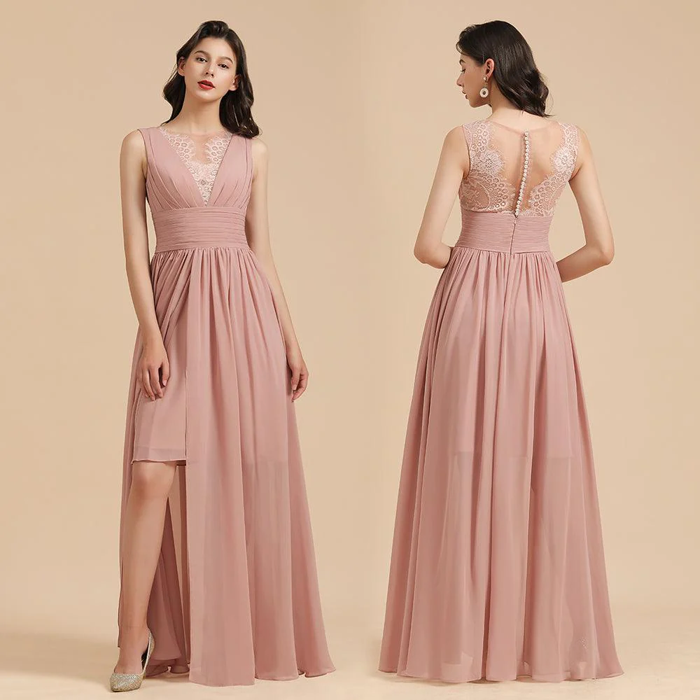 Elegant Dusty Pink Sleeveless Floral Lace Bridesmaid Dress Side Split Party Dress - Image 10