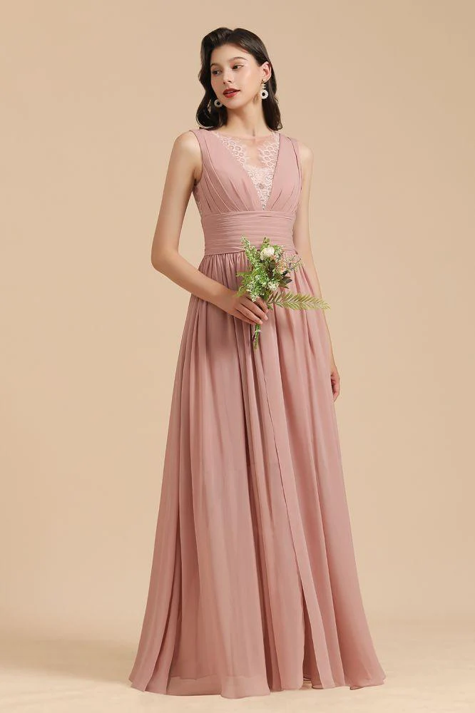 Elegant Dusty Pink Sleeveless Floral Lace Bridesmaid Dress Side Split Party Dress - Image 3