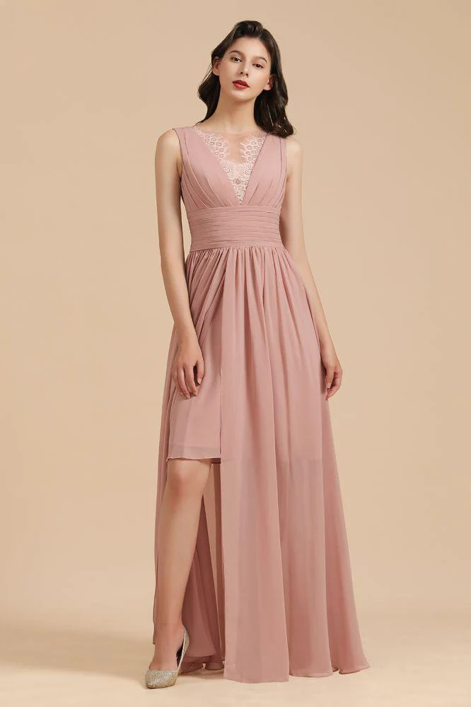 Elegant Dusty Pink Sleeveless Floral Lace Bridesmaid Dress Side Split Party Dress - Image 5