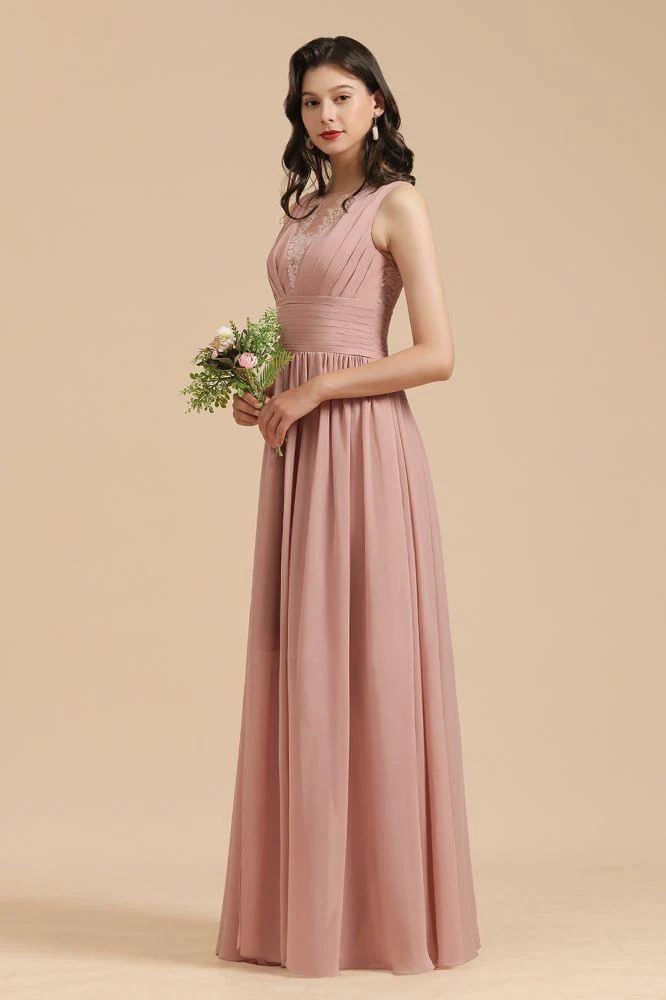Elegant Dusty Pink Sleeveless Floral Lace Bridesmaid Dress Side Split Party Dress - Image 6
