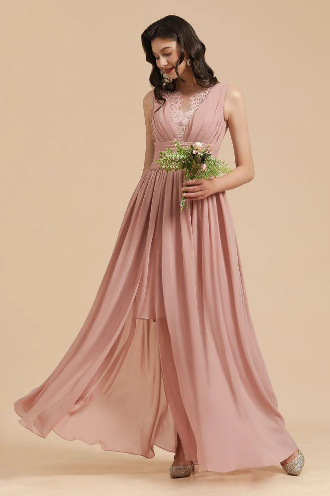 Elegant Dusty Pink Sleeveless Floral Lace Bridesmaid Dress Side Split Party Dress - Image 7